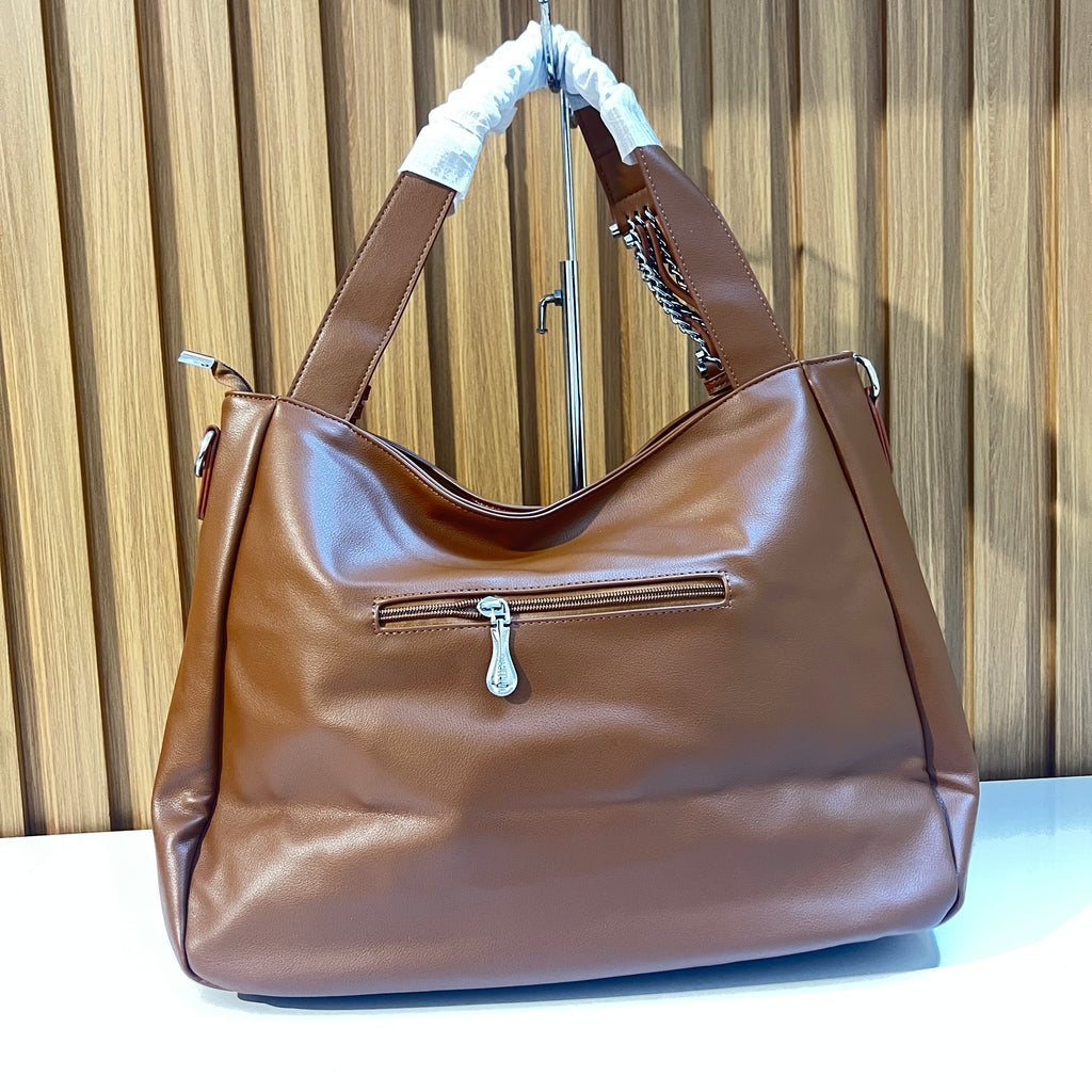 Brown Textured Shoulder Handbag with Crossbody Strap