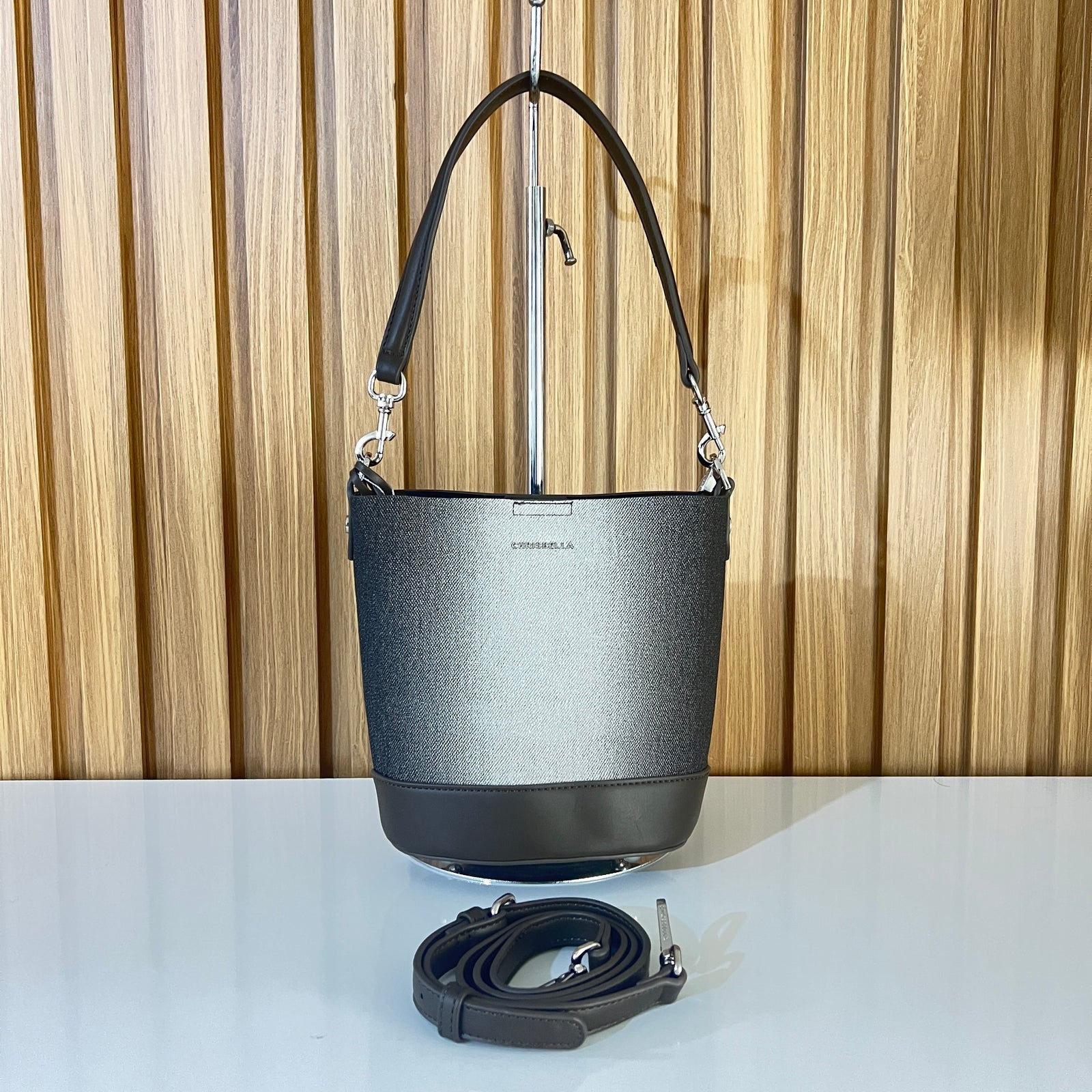 Chrisbella Canvas Bucket Bag with Leather Base & Detachable Strap for Women in Pakistan