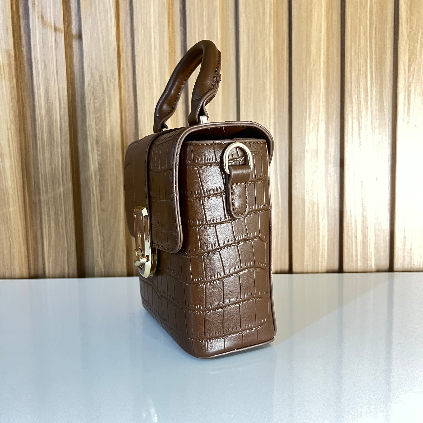 Croc Embossed Mini Box Bag with Gold Turn-Lock & Top Handle for Women in Pakistan