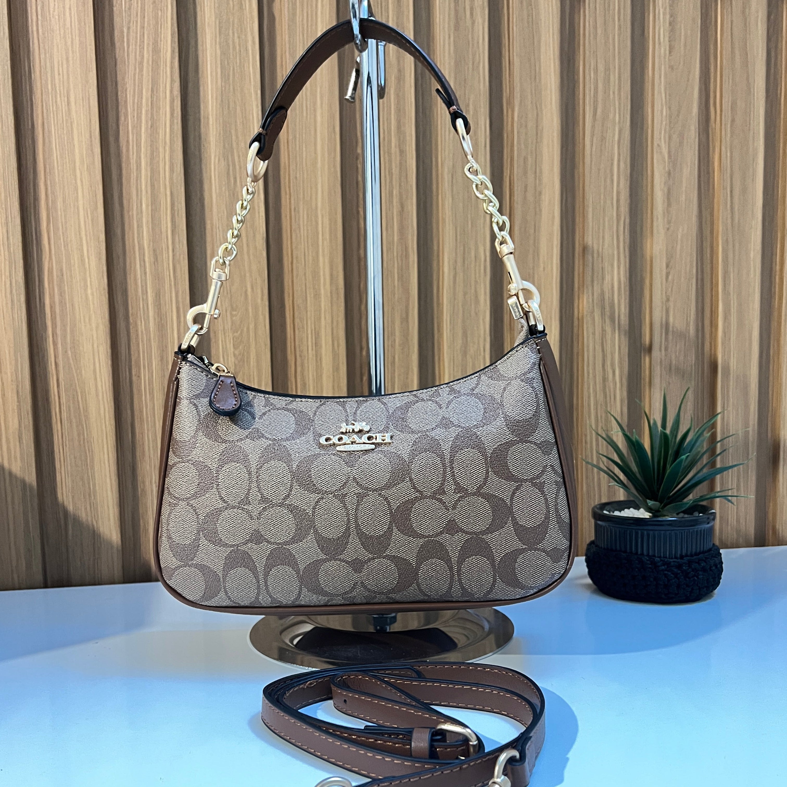 Signature Monogram shoulder bag khaki saddle colour women Pakistan - Meraki by Emaan
