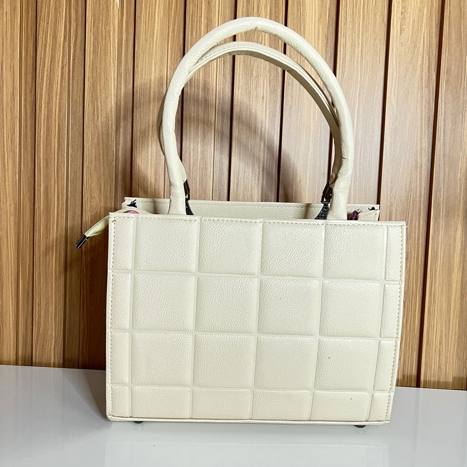 Cream Quilted Square-Embossed Structured Handbag – Dual Top Handle & Crossbody Strap by Meraki by Emaan Pakistan