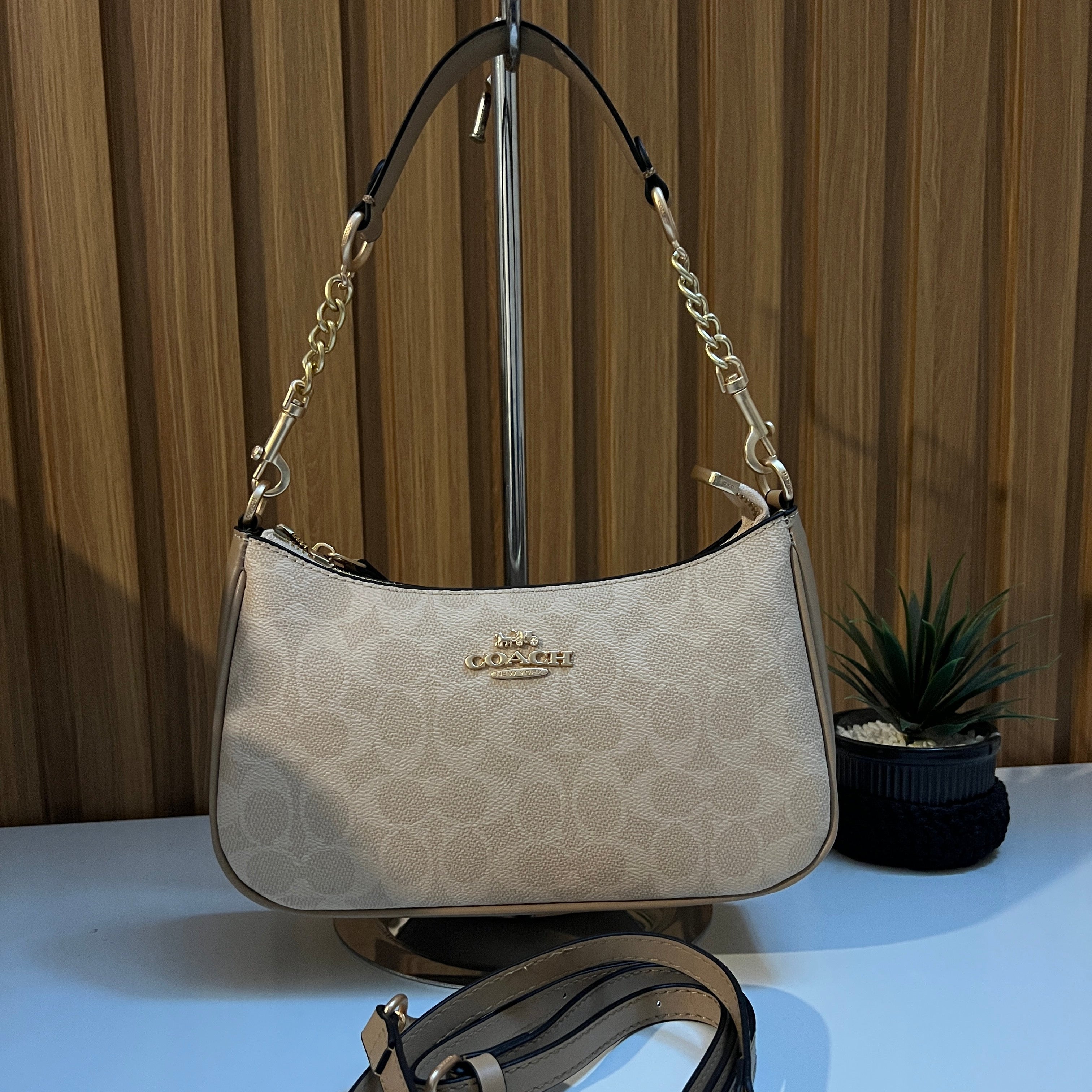 Signature Monogram shoulder bag light khaki chalk colour women Pakistan - Meraki by Emaan