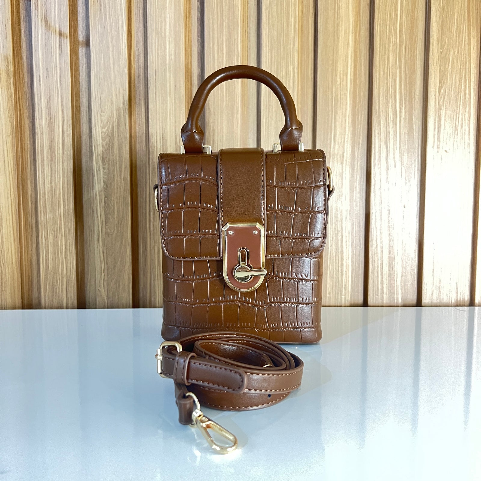 Croc Embossed Mini Box Bag with Gold Turn-Lock & Top Handle for Women in Pakistan