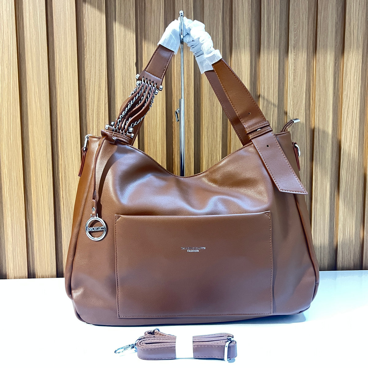 Brown Textured Shoulder Handbag with Crossbody Strap
