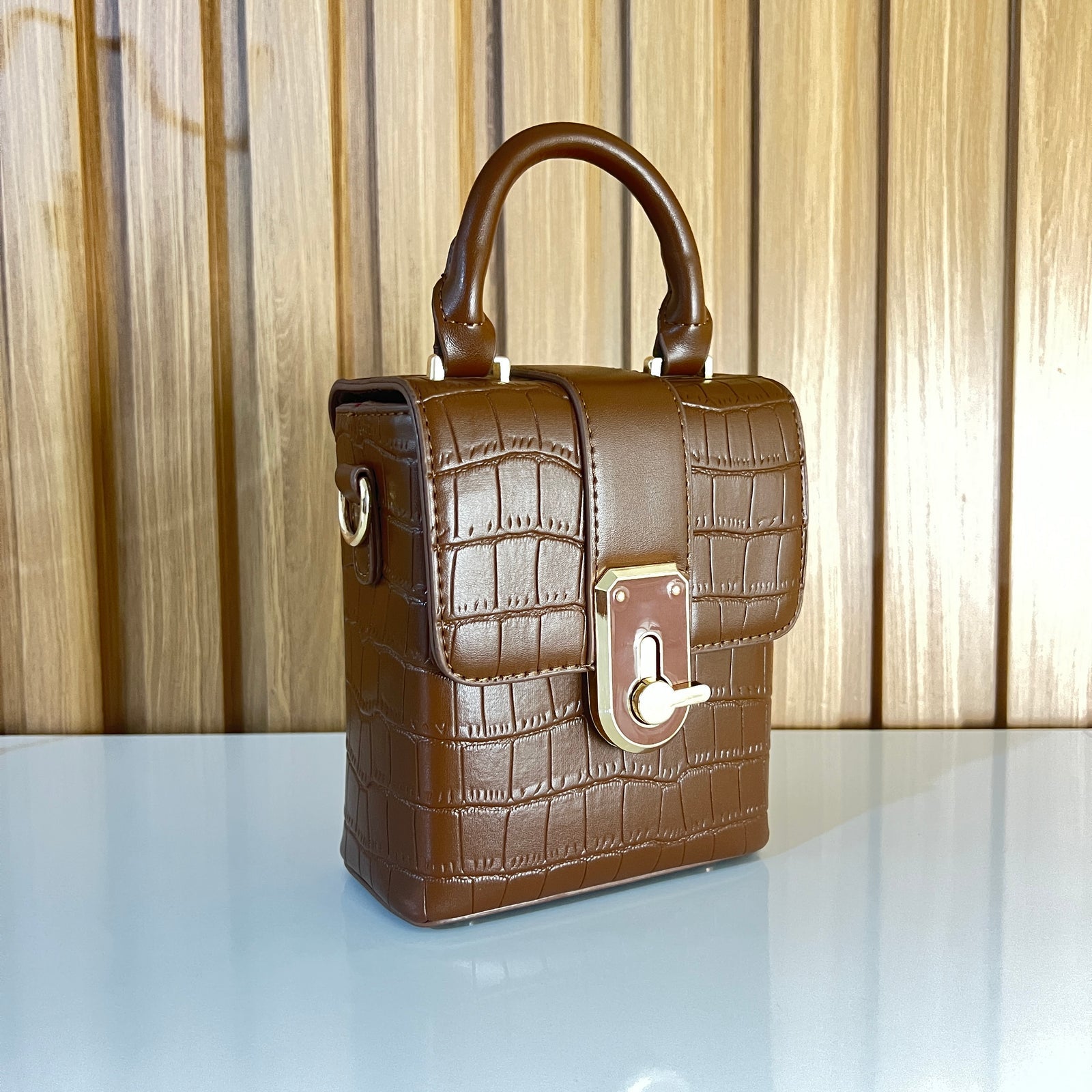 Croc Embossed Mini Box Bag with Gold Turn-Lock & Top Handle for Women in Pakistan