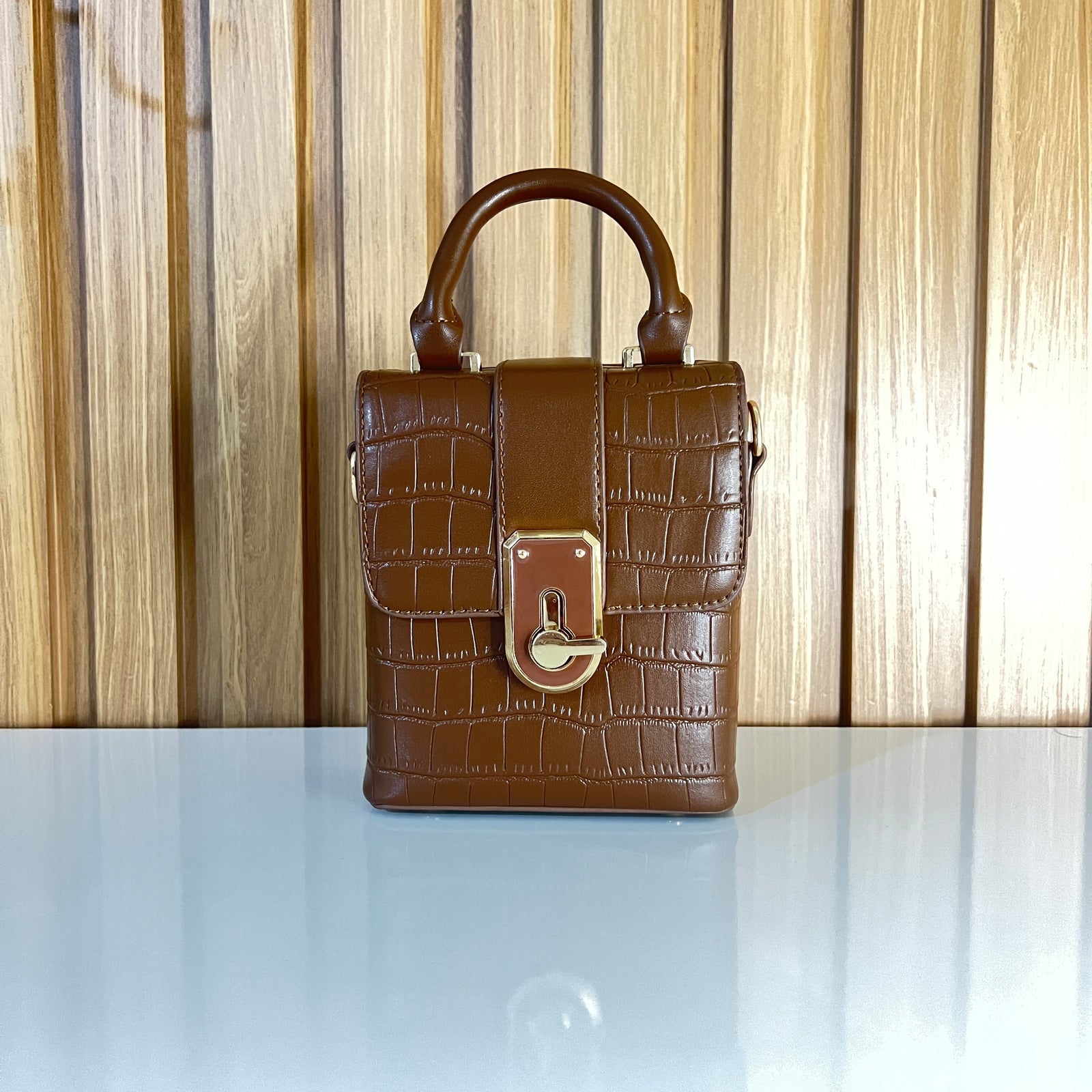 Croc Embossed Mini Box Bag with Gold Turn-Lock & Top Handle for Women in Pakistan
