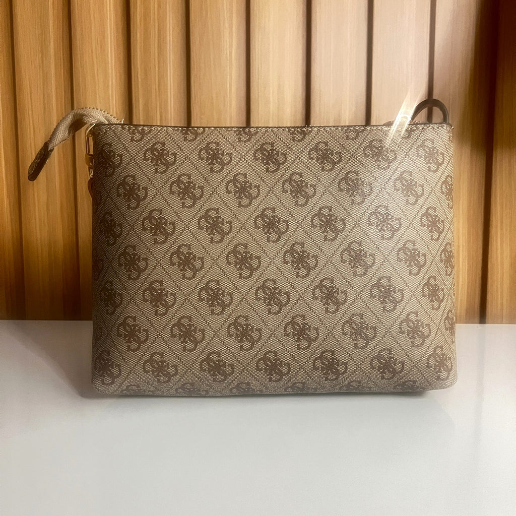 Back view of beige and brown monogram shoulder bag