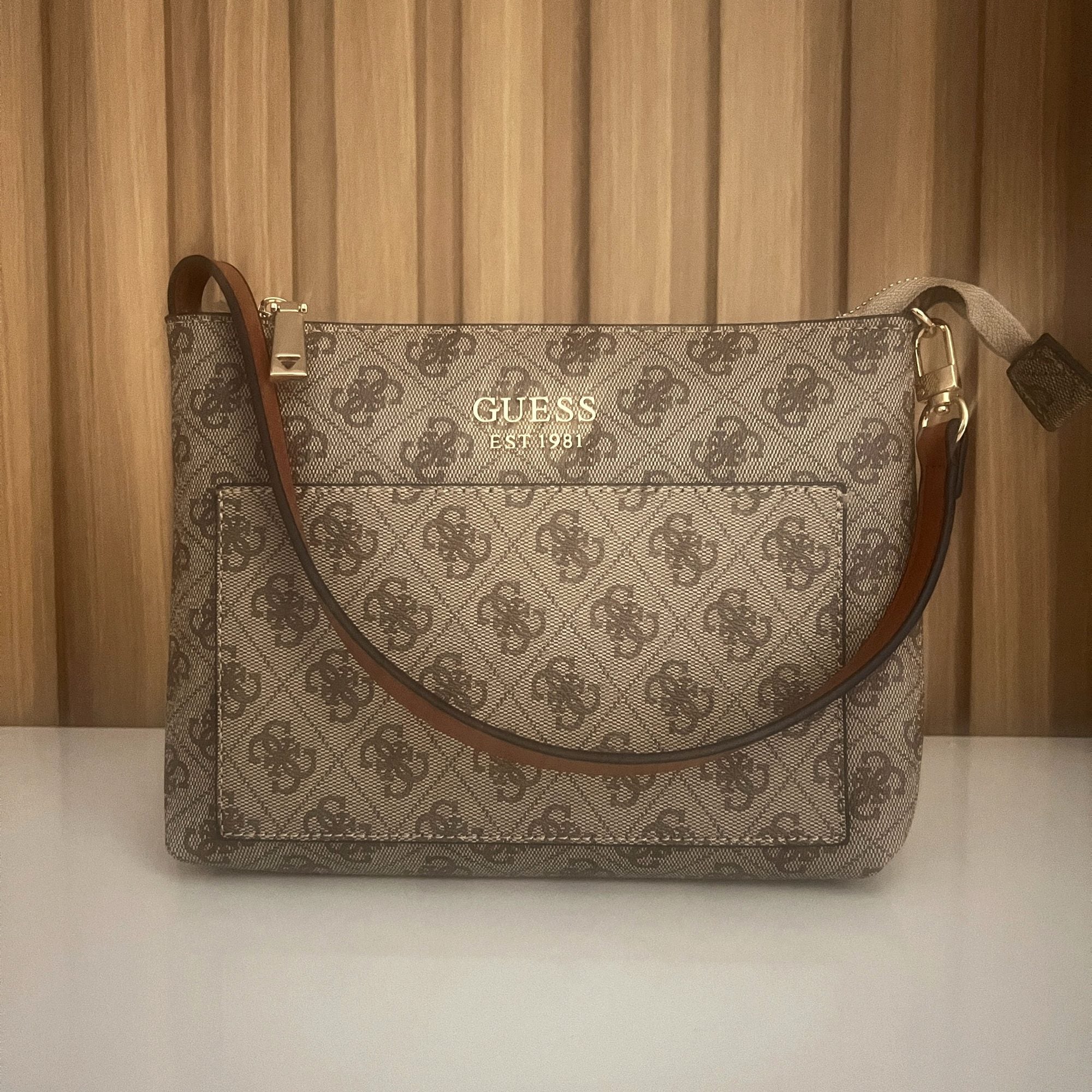 Beige and brown monogram shoulder bag for women
