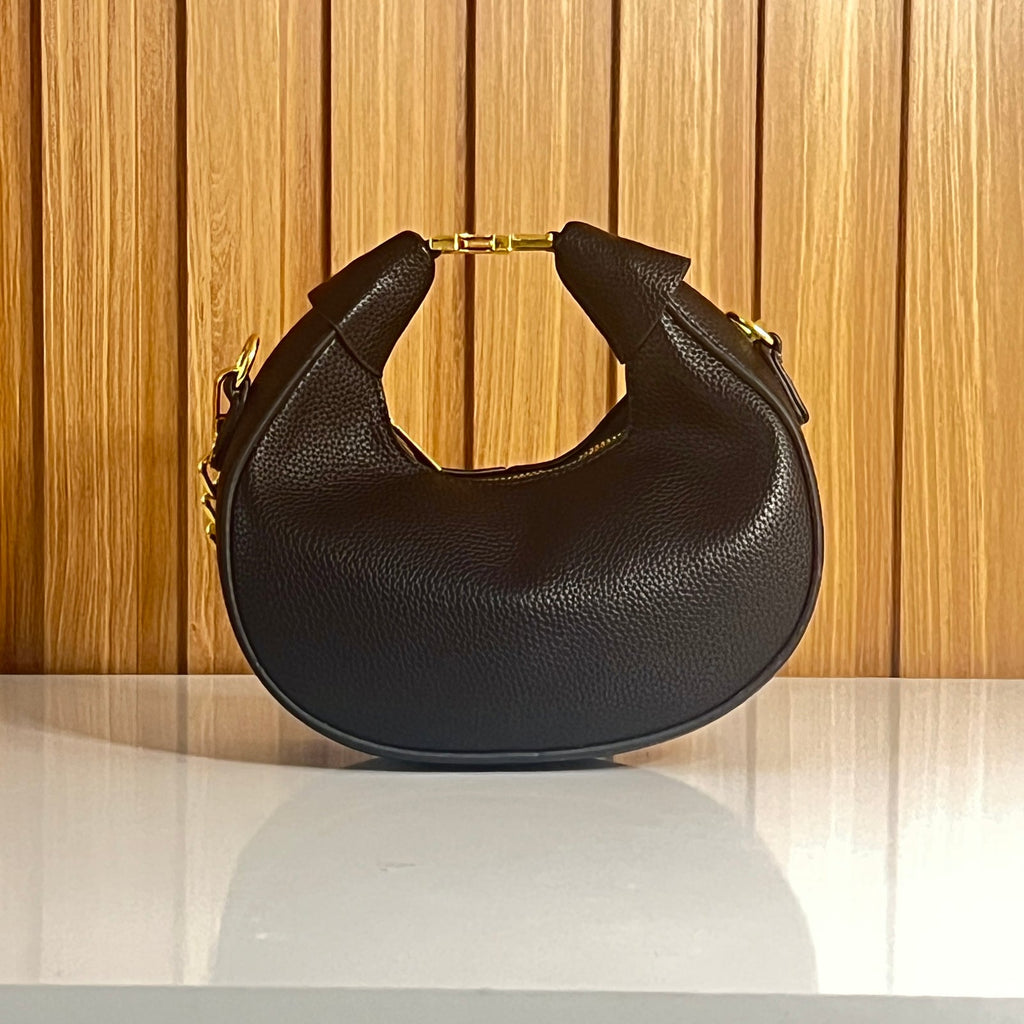 Black Pebbled Leather Crescent Hobo Bag with Gold Chain - Back View