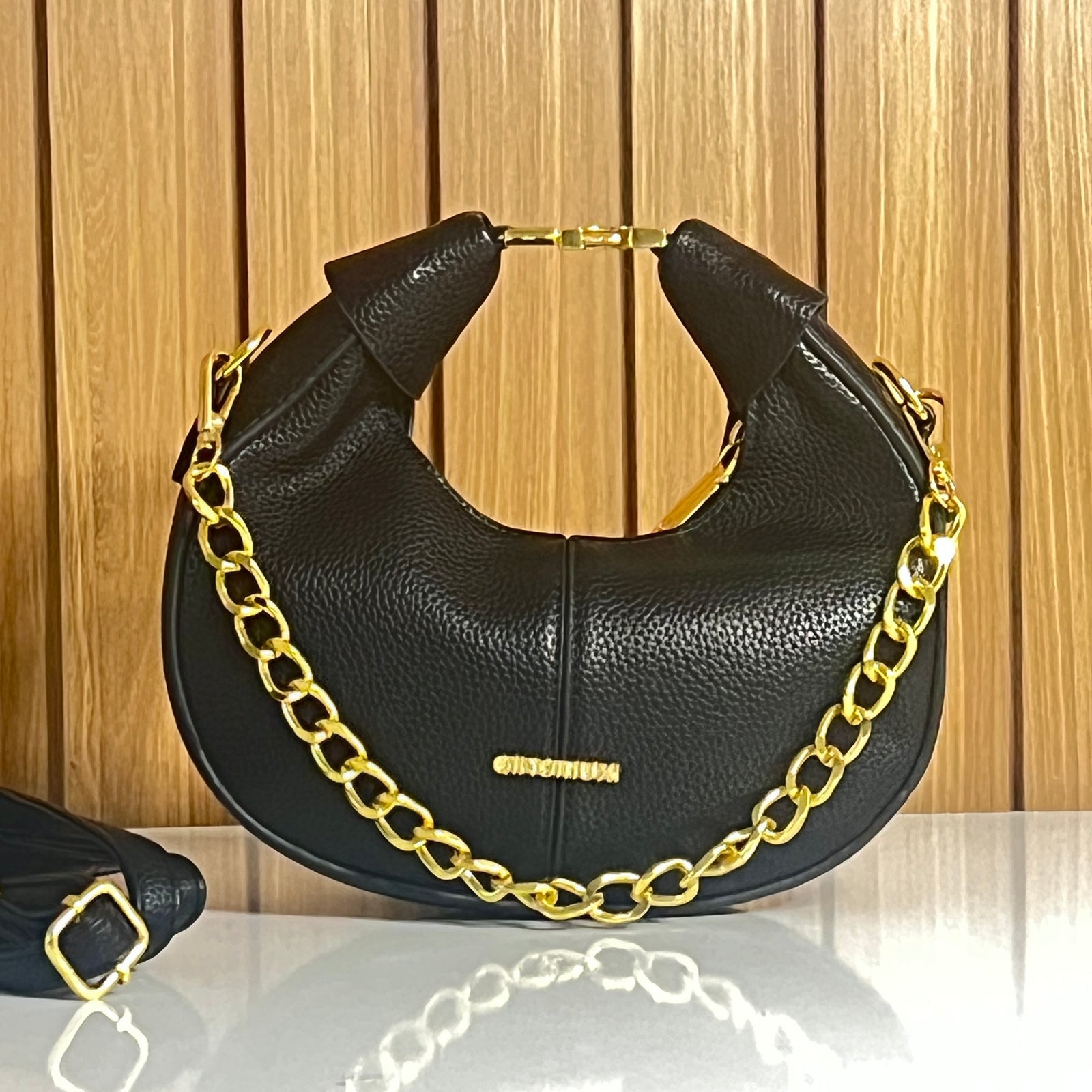 Black Pebbled Leather Crescent Hobo Bag with Gold Chain - Front View