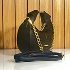 Black Pebbled Leather Crescent Hobo Bag with Gold Chain - Side View