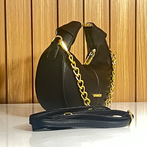 Black Pebbled Leather Crescent Hobo Bag with Gold Chain - Side View