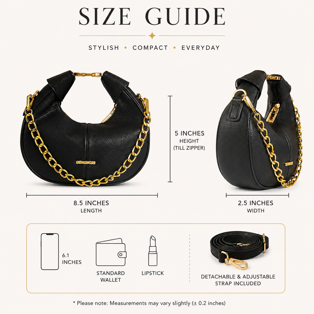 Black Pebbled Leather Crescent Hobo Bag with Gold Chain - Size Guide