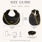 Black Pebbled Leather Crescent Hobo Bag with Gold Chain - Size Guide