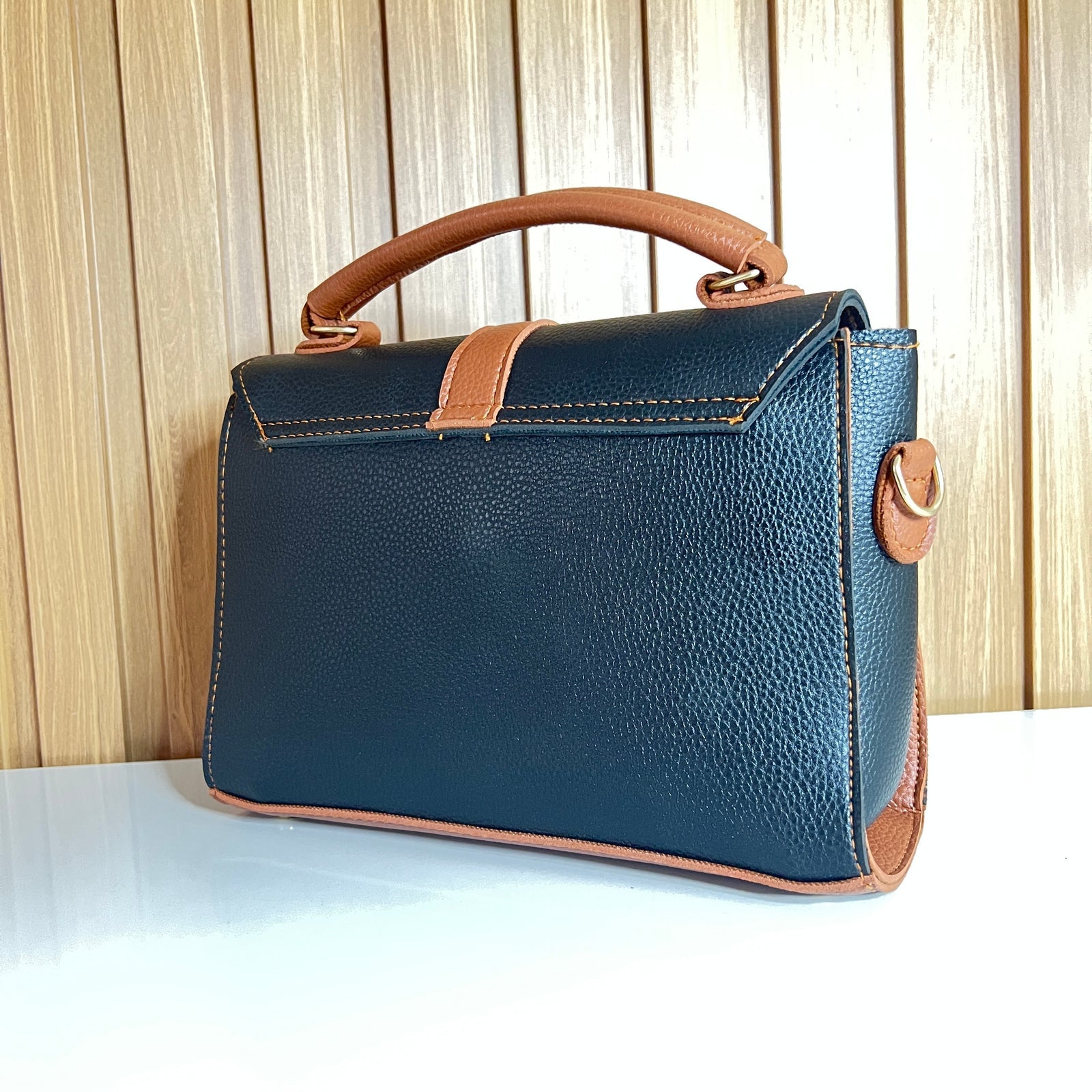 Black & Tan Satchel Handbag for Women – Back View - Top Handle Crossbody Bag with Detachable Strap