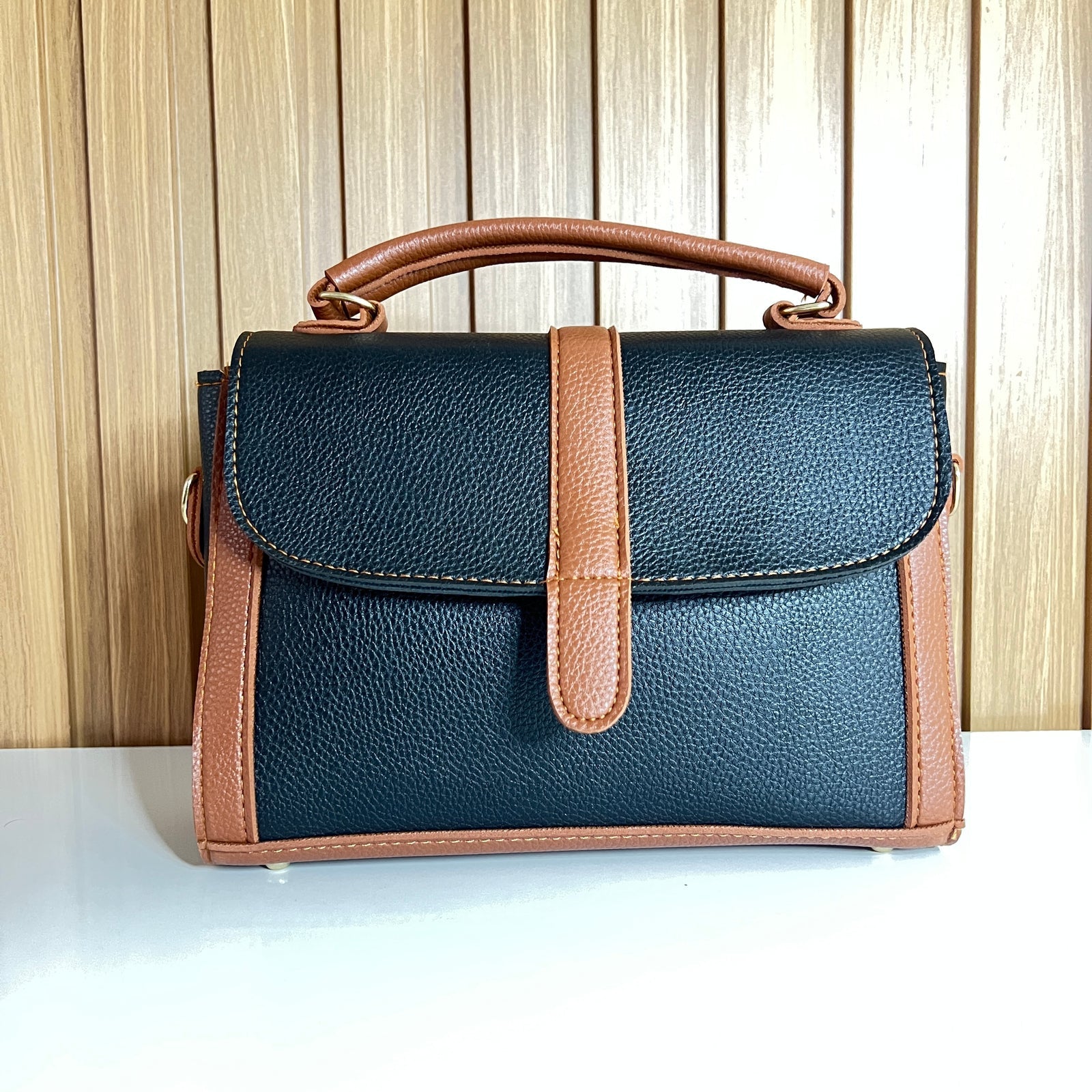 Black & Tan Satchel Handbag for Women – Front View - Top Handle Crossbody Bag with Detachable Strap
