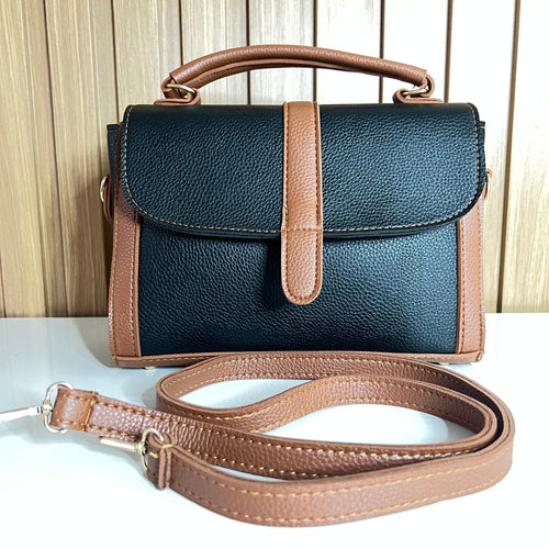 Black & Tan Satchel Handbag for Women – Front View with Strap - Top Handle Crossbody Bag with Detachable Strap