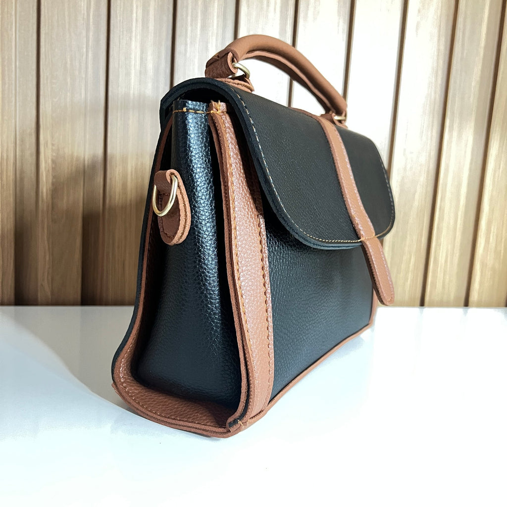 Black & Tan Satchel Handbag for Women – Side View - Top Handle Crossbody Bag with Detachable Strap