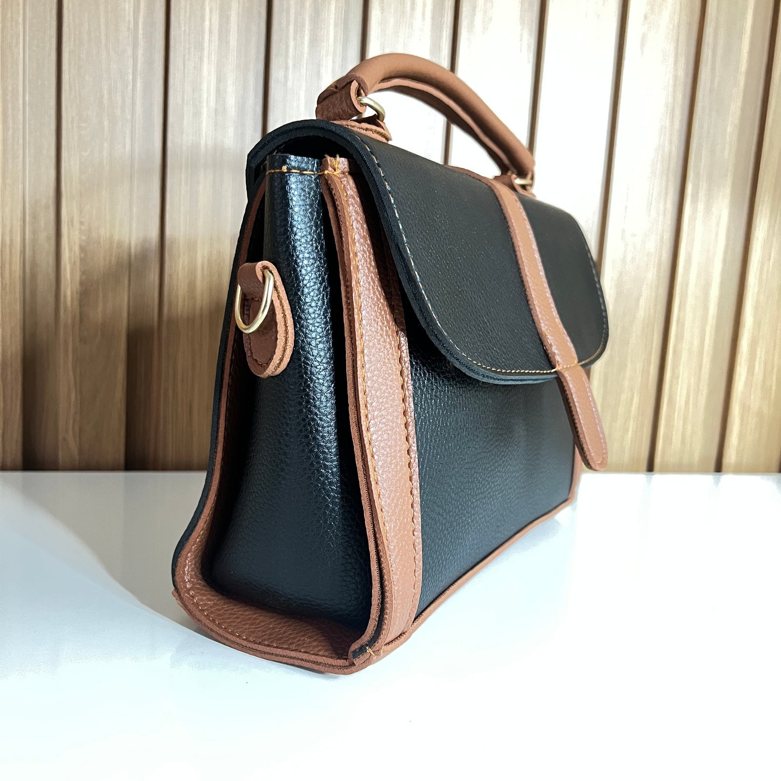 Black & Tan Satchel Handbag for Women – Side View - Top Handle Crossbody Bag with Detachable Strap