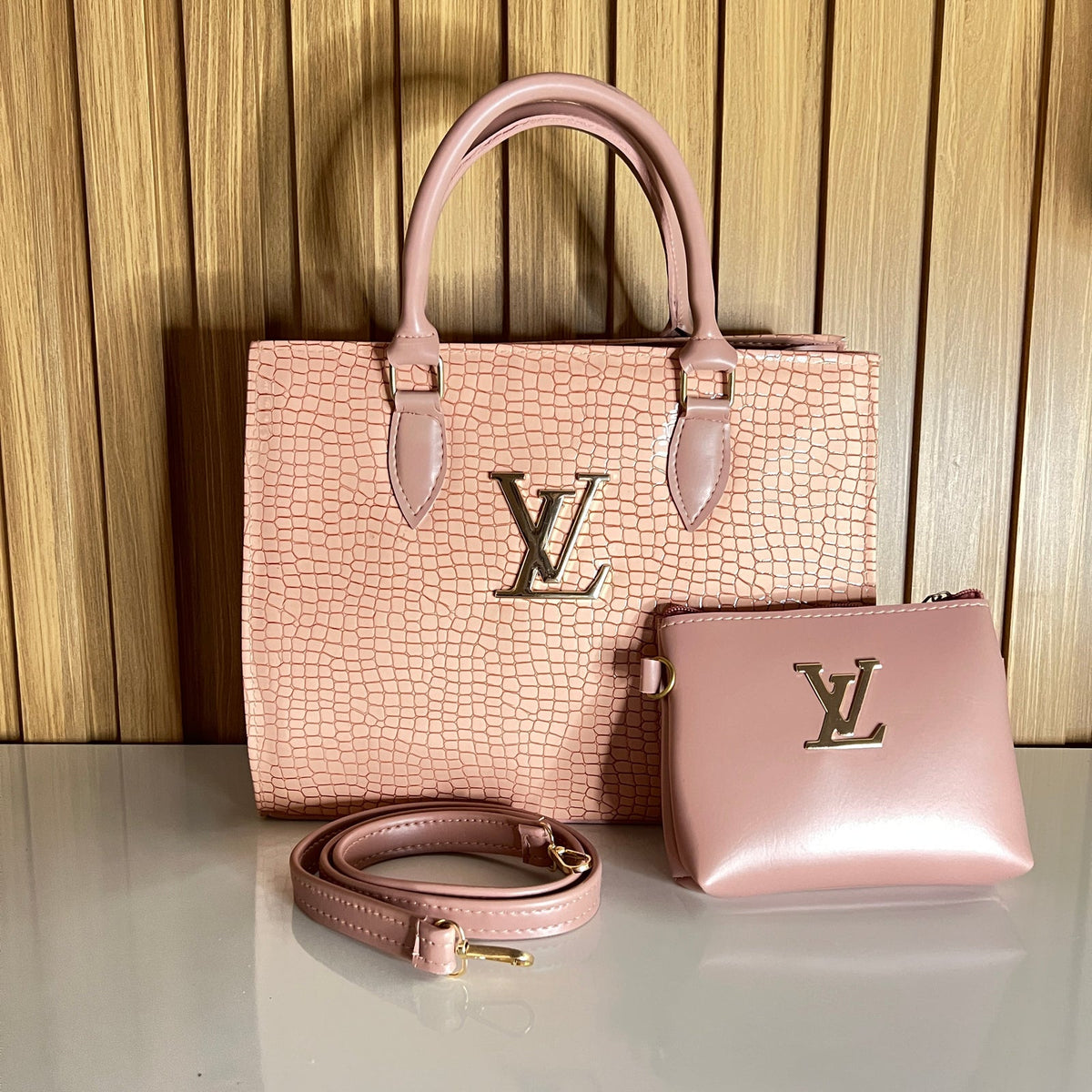 Blush pink croc handbag set with mini pouch and gold hardware – Meraki by Emaan Pakistan