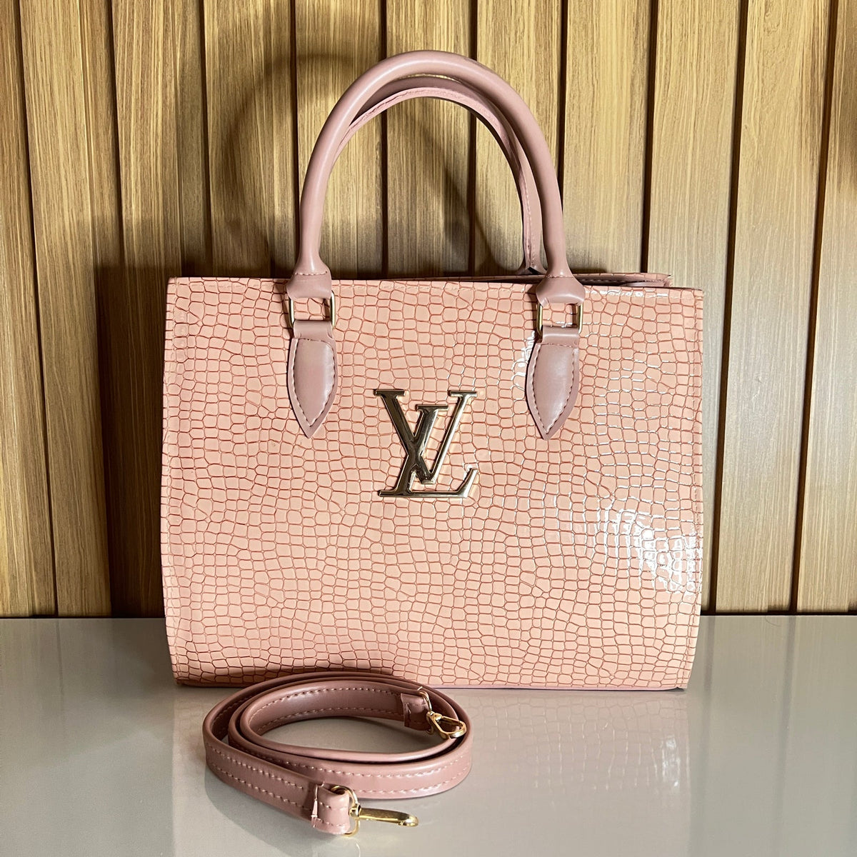 Blush pink croc tote bag front with crossbody strap – Meraki by Emaan Pakistan