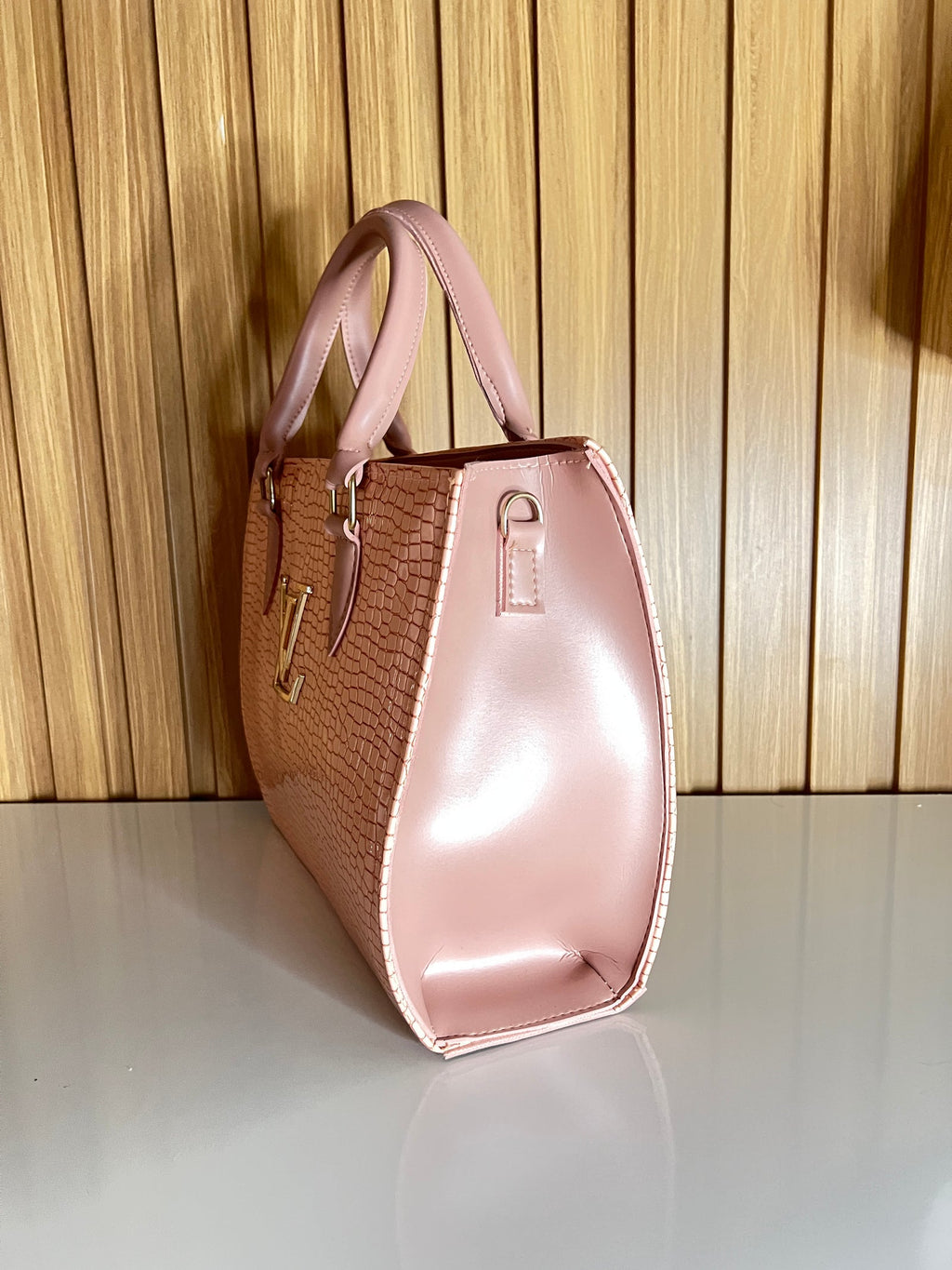 Blush pink handbag side view smooth panel gold hardware – Meraki by Emaan Pakistan