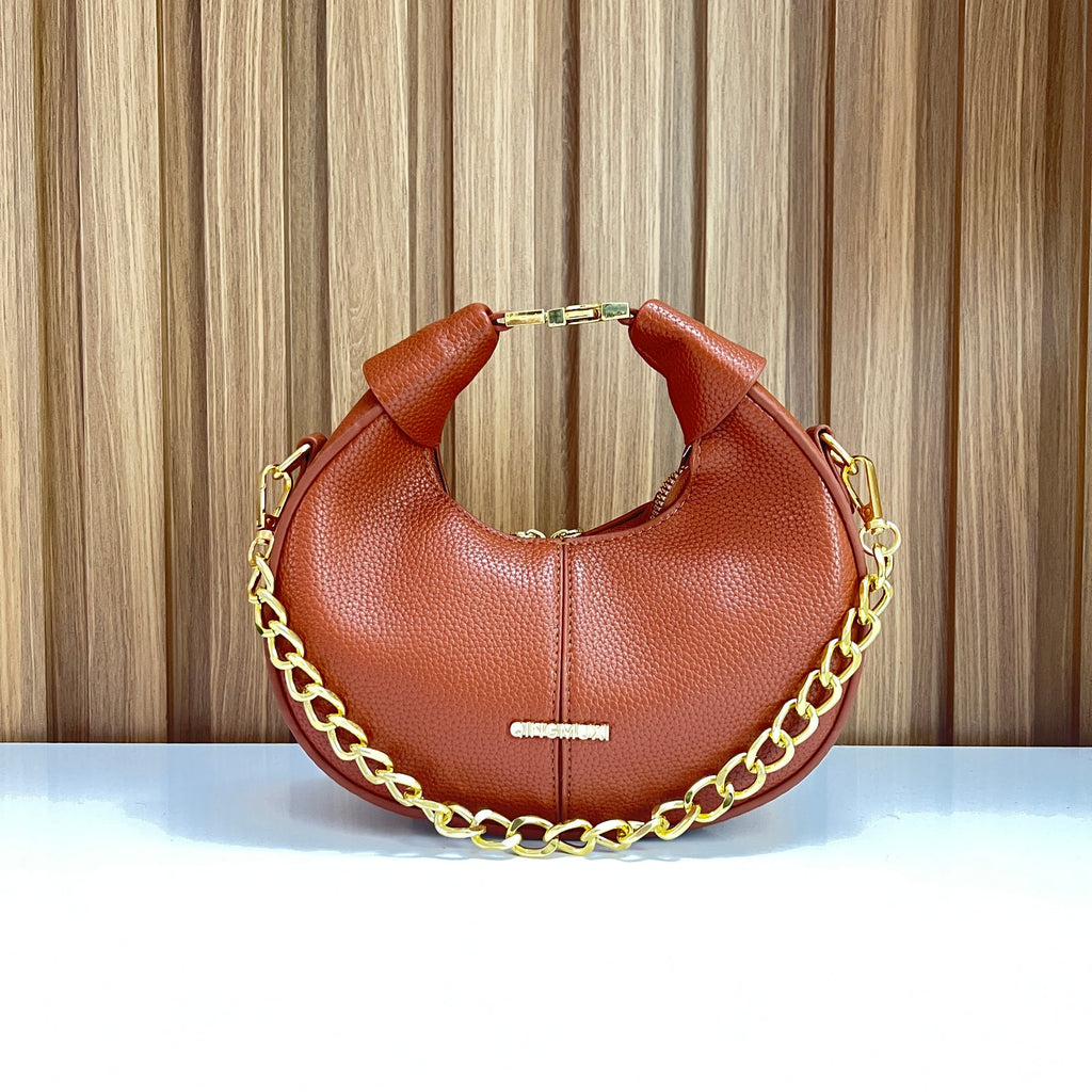 Brown Pebbled Leather Crescent Hobo Bag with Gold Chain - Front View