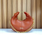 Brown Pebbled Leather Crescent Hobo Bag with Gold Chain - Front View