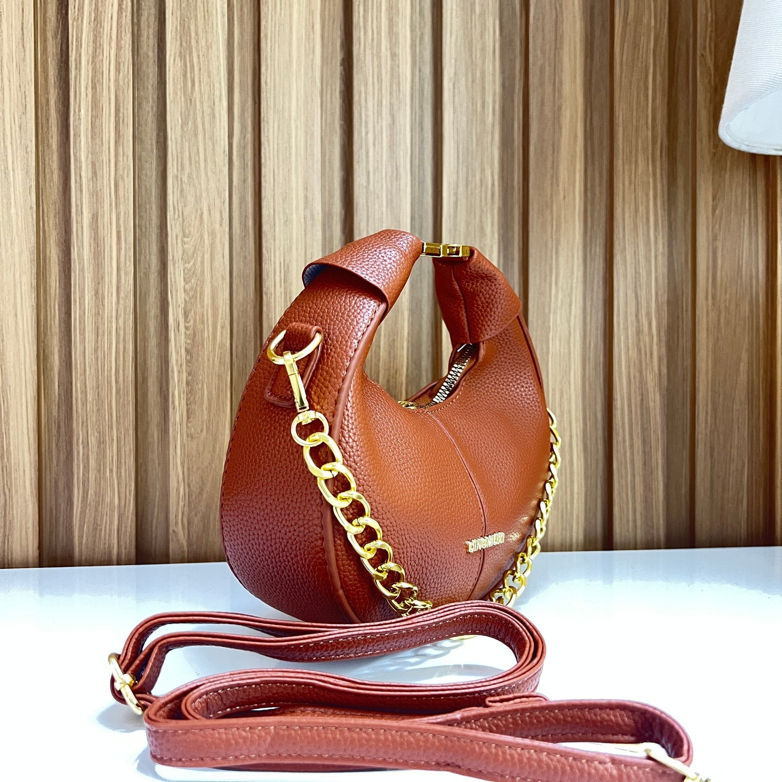 Brown Pebbled Leather Crescent Hobo Bag with Gold Chain - Side View