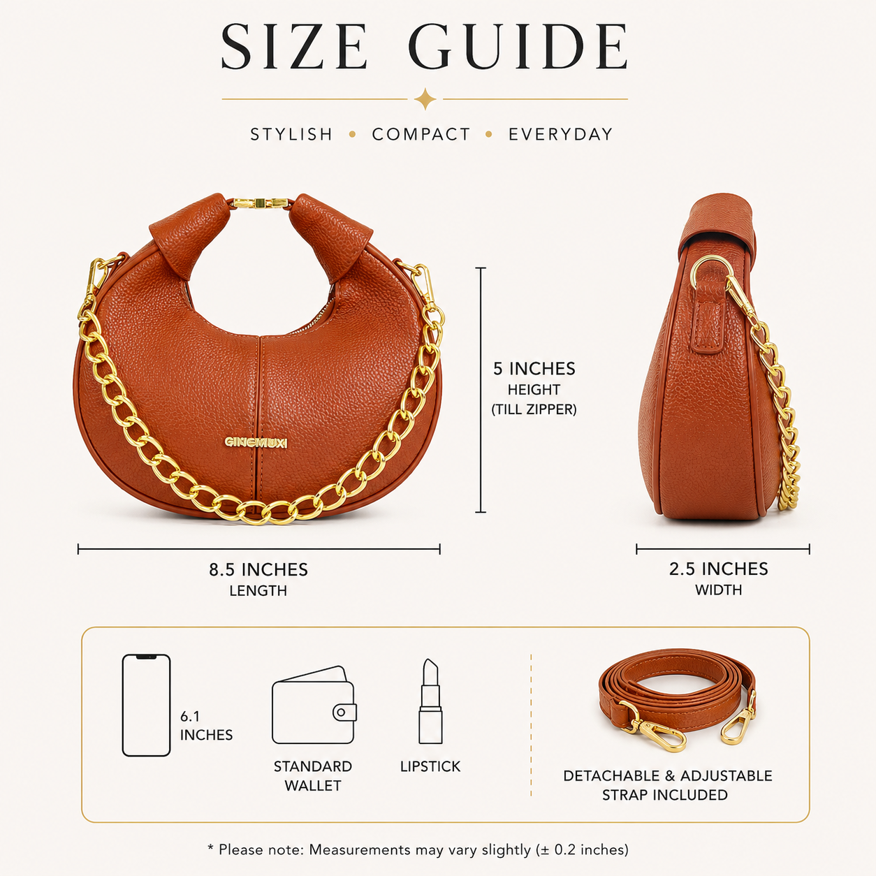 Brown Pebbled Leather Crescent Hobo Bag with Gold Chain - Size Guide