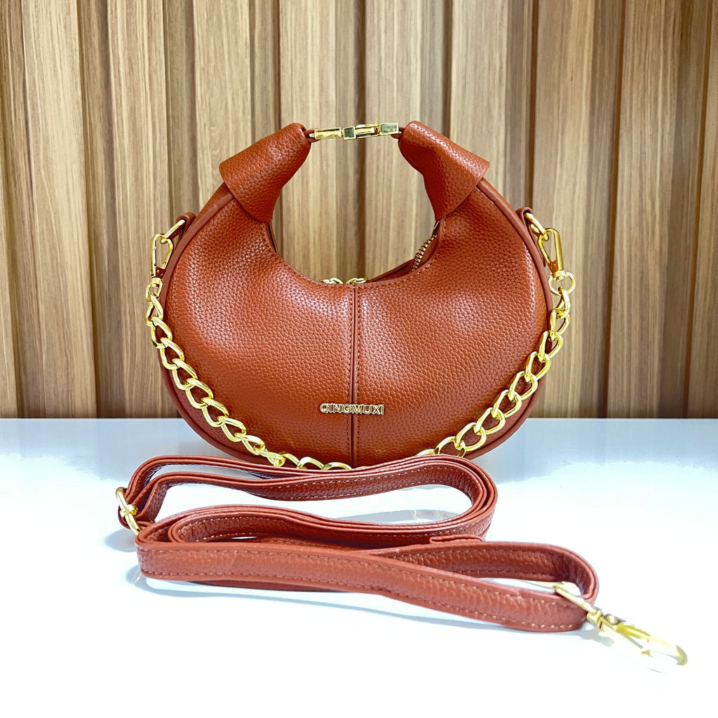 Brown Pebbled Leather Crescent Hobo Bag with Gold Chain and Long Strap