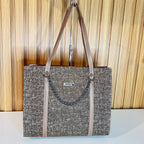 Brown tweed large tote jute bag front view with gunmetal chain – Meraki by Emaan Pakistan