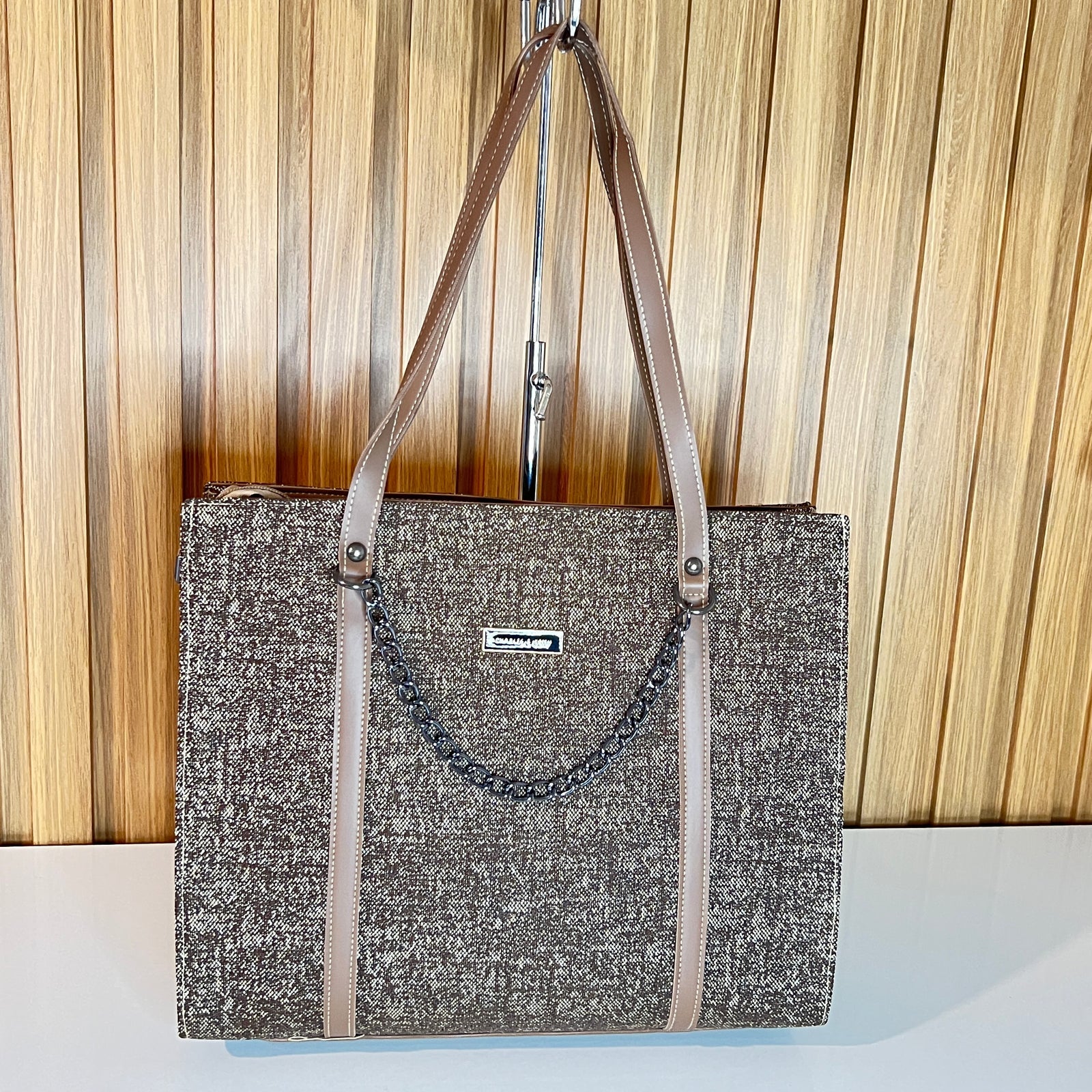 Brown tweed large tote jute bag front view with gunmetal chain – Meraki by Emaan Pakistan