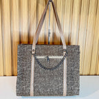 Brown tweed tote jute bag back view hanging – Meraki by Emaan Pakistan
