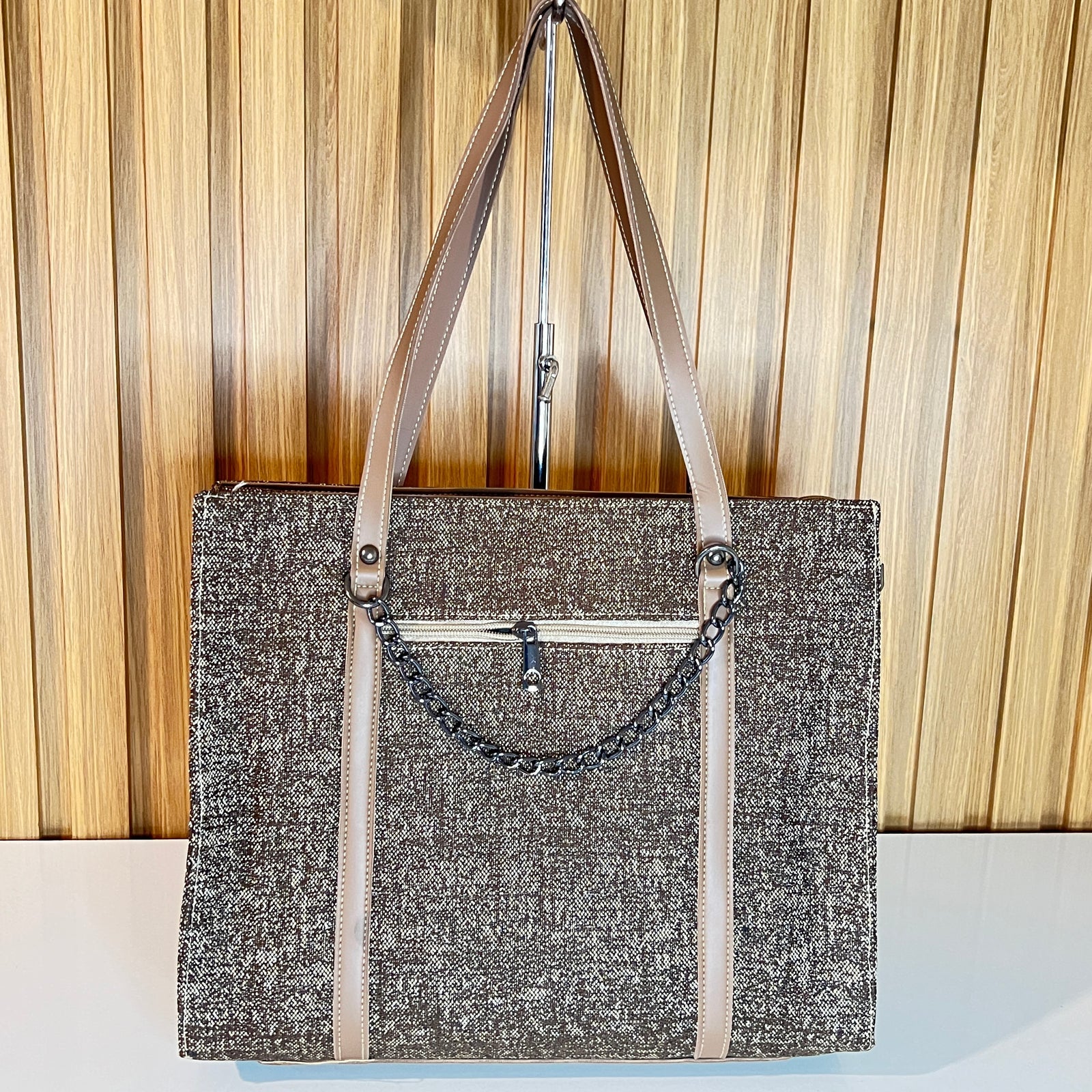 Brown tweed tote jute bag back view hanging – Meraki by Emaan Pakistan