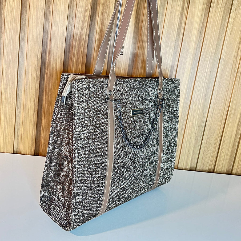 Brown tweed tote jute bag side angle view – Meraki by Emaan Pakistan