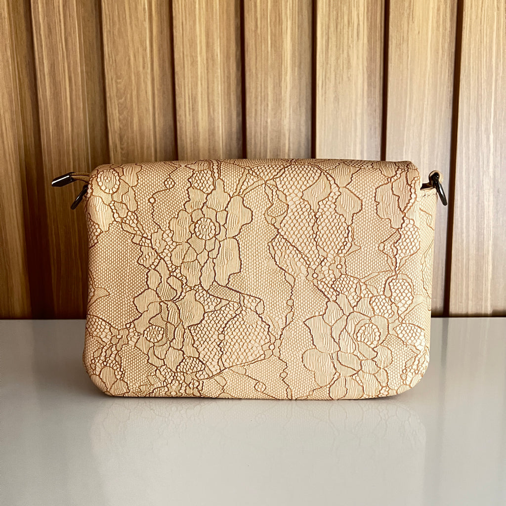 Cream beige floral embossed crossbody bag back view – Meraki by Emaan Pakistan