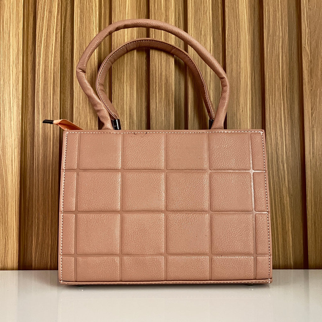 Dusty Pink Quilted Tote Handbag for Women - Back View – Structured Top Handle Bag with Detachable Crossbody Strap
