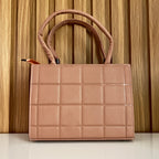 Dusty Pink Quilted Tote Handbag for Women - Back View – Structured Top Handle Bag with Detachable Crossbody Strap