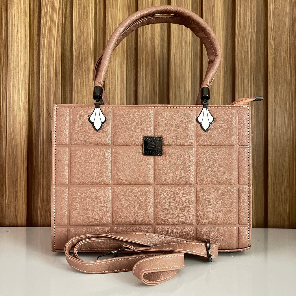 Dusty Pink Quilted Tote Handbag for Women - Front View with Strap– Structured Top Handle Bag with Detachable Crossbody Strap