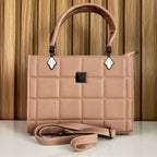 Dusty Pink Quilted Tote Handbag for Women - Front View with Strap– Structured Top Handle Bag with Detachable Crossbody Strap