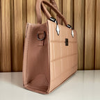 Dusty Pink Quilted Tote Handbag for Women - Side View – Structured Top Handle Bag with Detachable Crossbody Strap