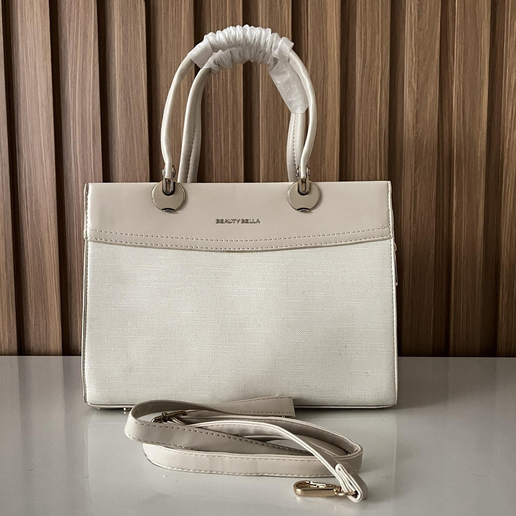 Elegant Cream Structured Handbag for Women | Beauty Bella Tote Bag - Front View with Belt