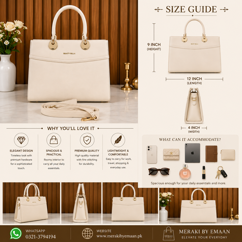 Elegant Cream Structured Handbag for Women | Beauty Bella Tote Bag - Size Guide