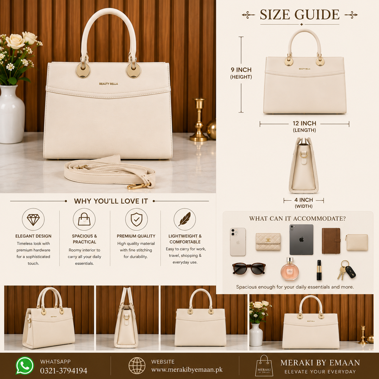 Elegant Cream Structured Handbag for Women | Beauty Bella Tote Bag - Size Guide