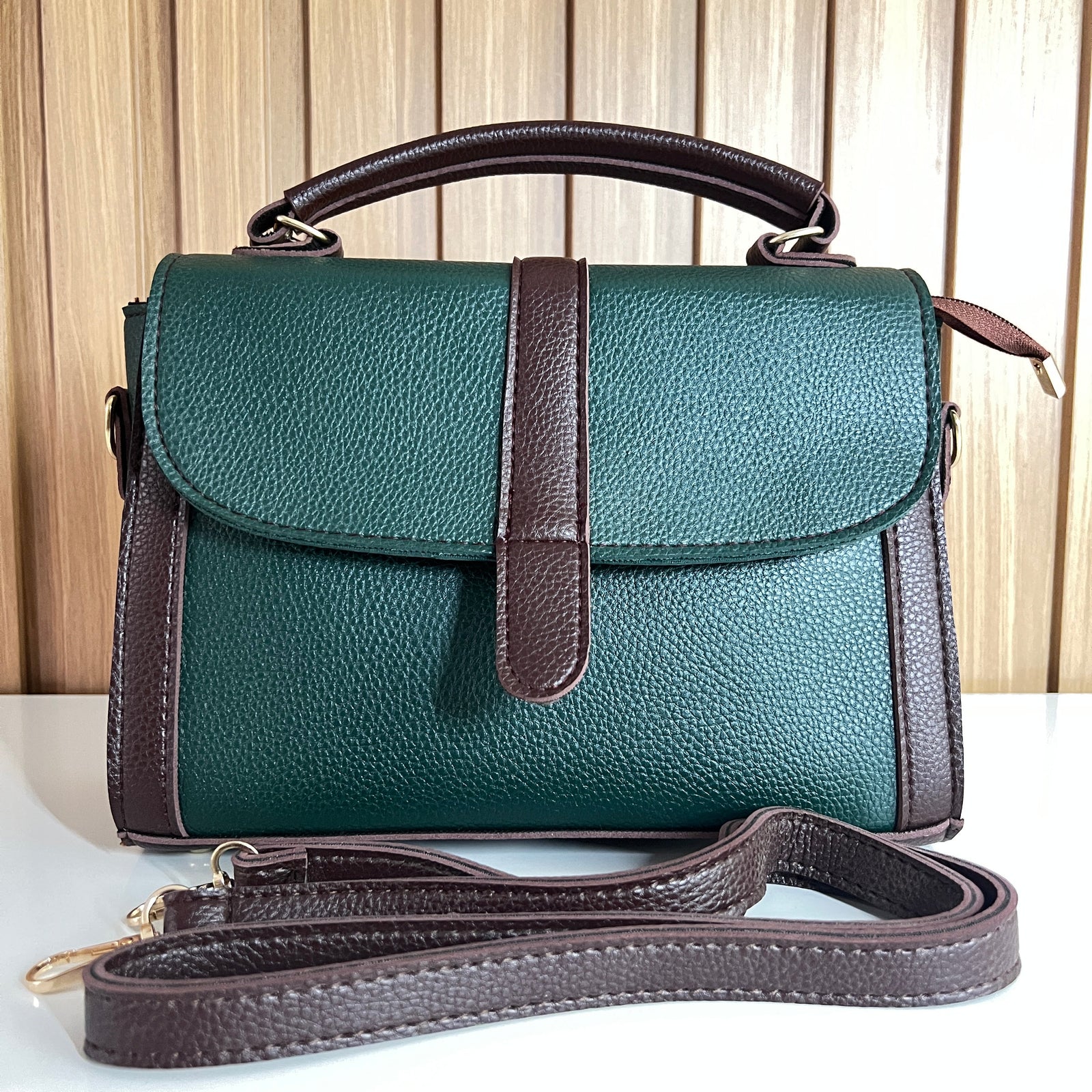 Emerald Green Satchel Handbag for Women –  Front View With Strap - Top Handle Crossbody Bag with Detachable Strap