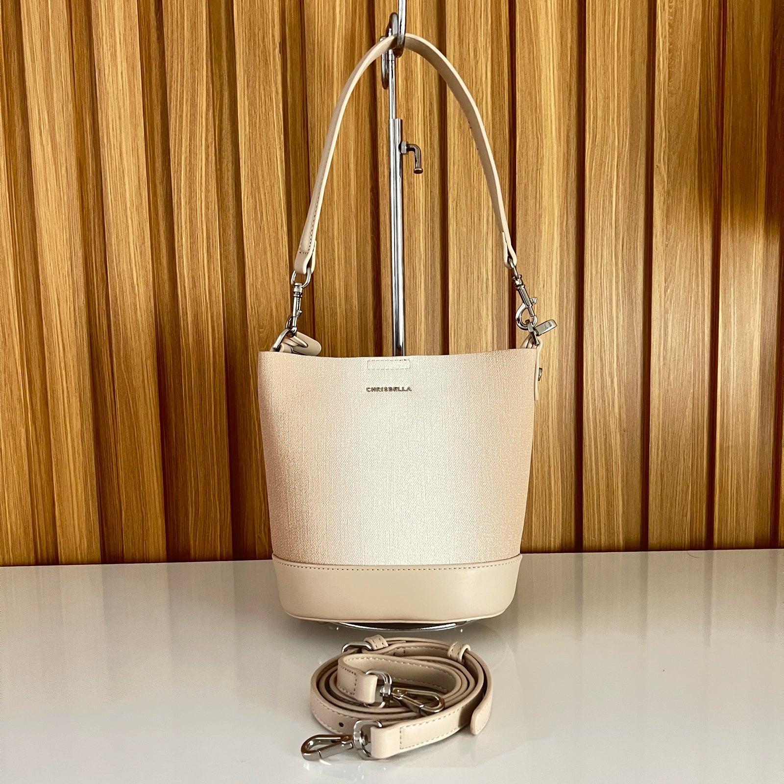 Chrisbella Canvas Bucket Bag with Leather Base & Detachable Strap for Women in Pakistan