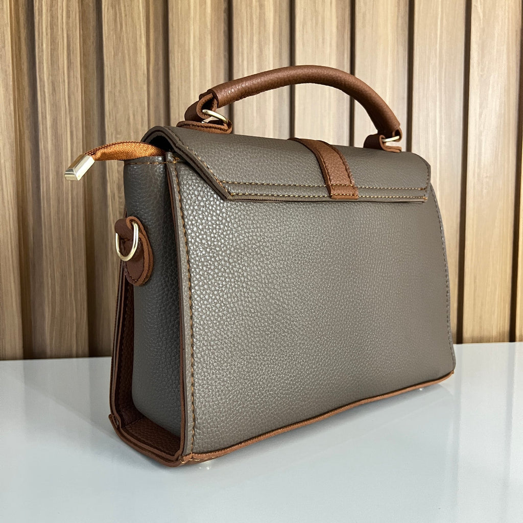 Grey & Tan Satchel Handbag for Women – Back View - Top Handle Crossbody Bag with Detachable Strap
