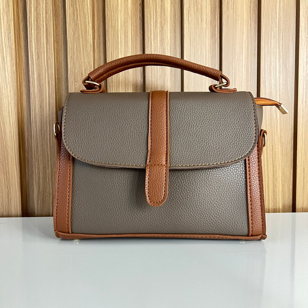 Grey & Tan Satchel Handbag for Women – Front View - Top Handle Crossbody Bag with Detachable Strap