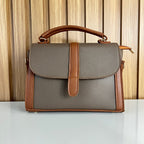 Grey & Tan Satchel Handbag for Women – Front View - Top Handle Crossbody Bag with Detachable Strap